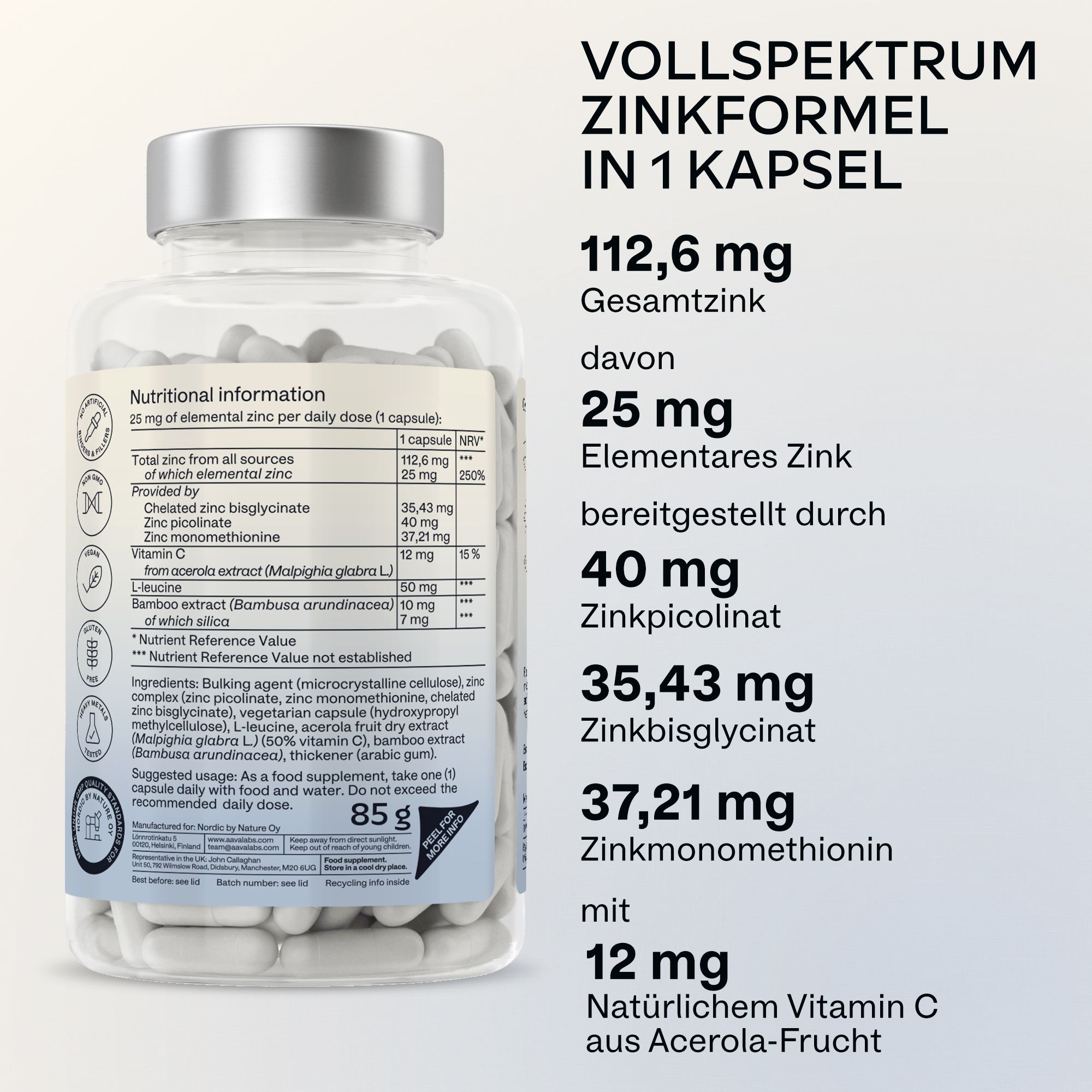 Glasflasche mit Kapseln. Informationen zu Inhaltsstoffen, Nährwerten und empfohlener Tagesdosis.