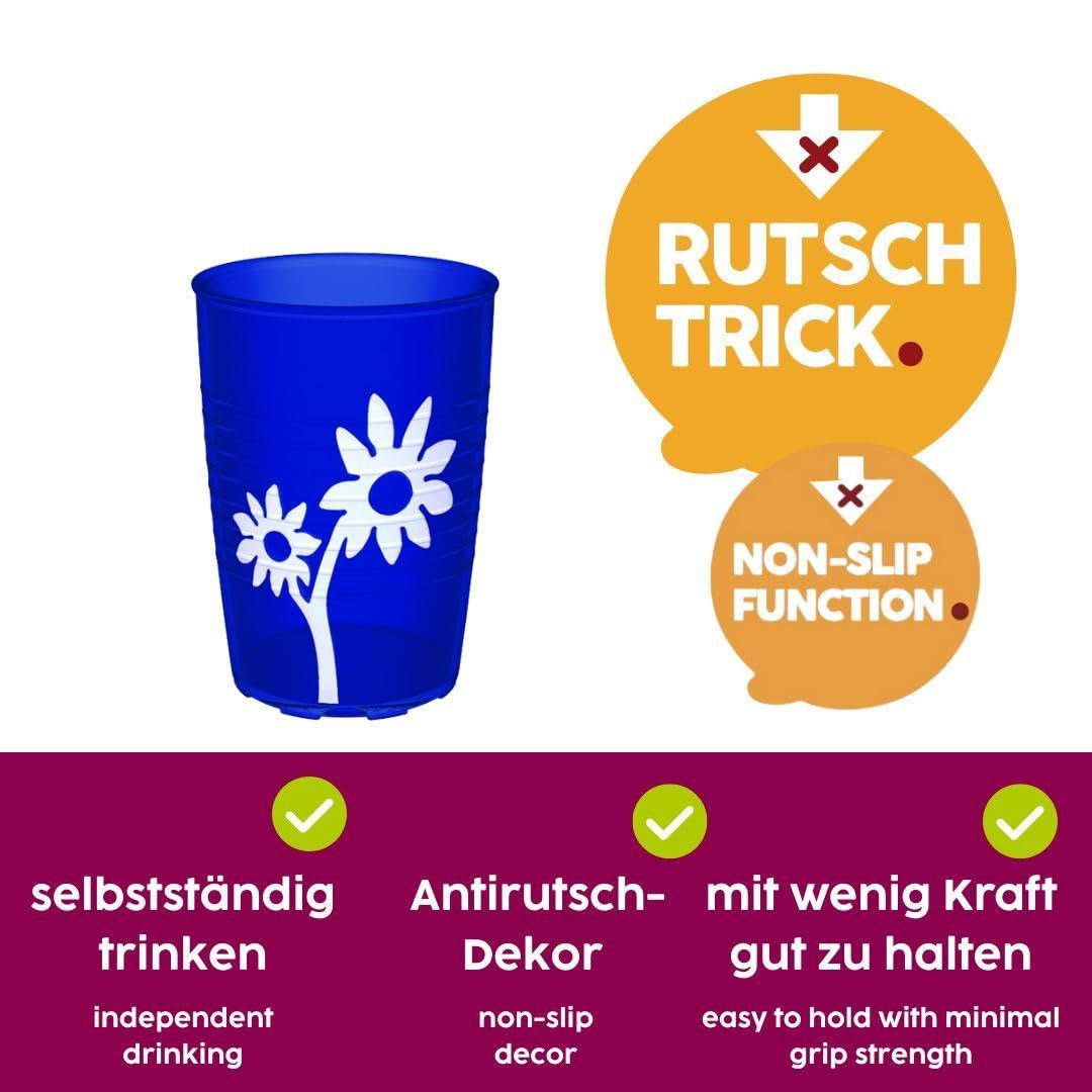 Blauer ORNAMIN Becher mit Blumen-Dekor, Non-Slip-Funktion und geriffelter Oberfläche.