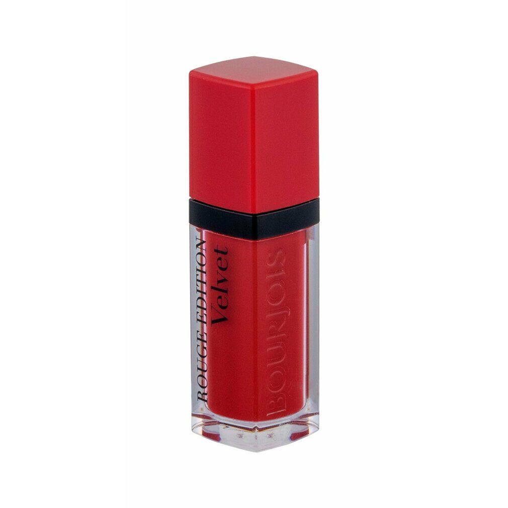 Roter Lippenstift in rechteckiger Flasche. Schwarzer Deckel mit roter Kappe. Aufschrift: Rouge Edition Velvet.
