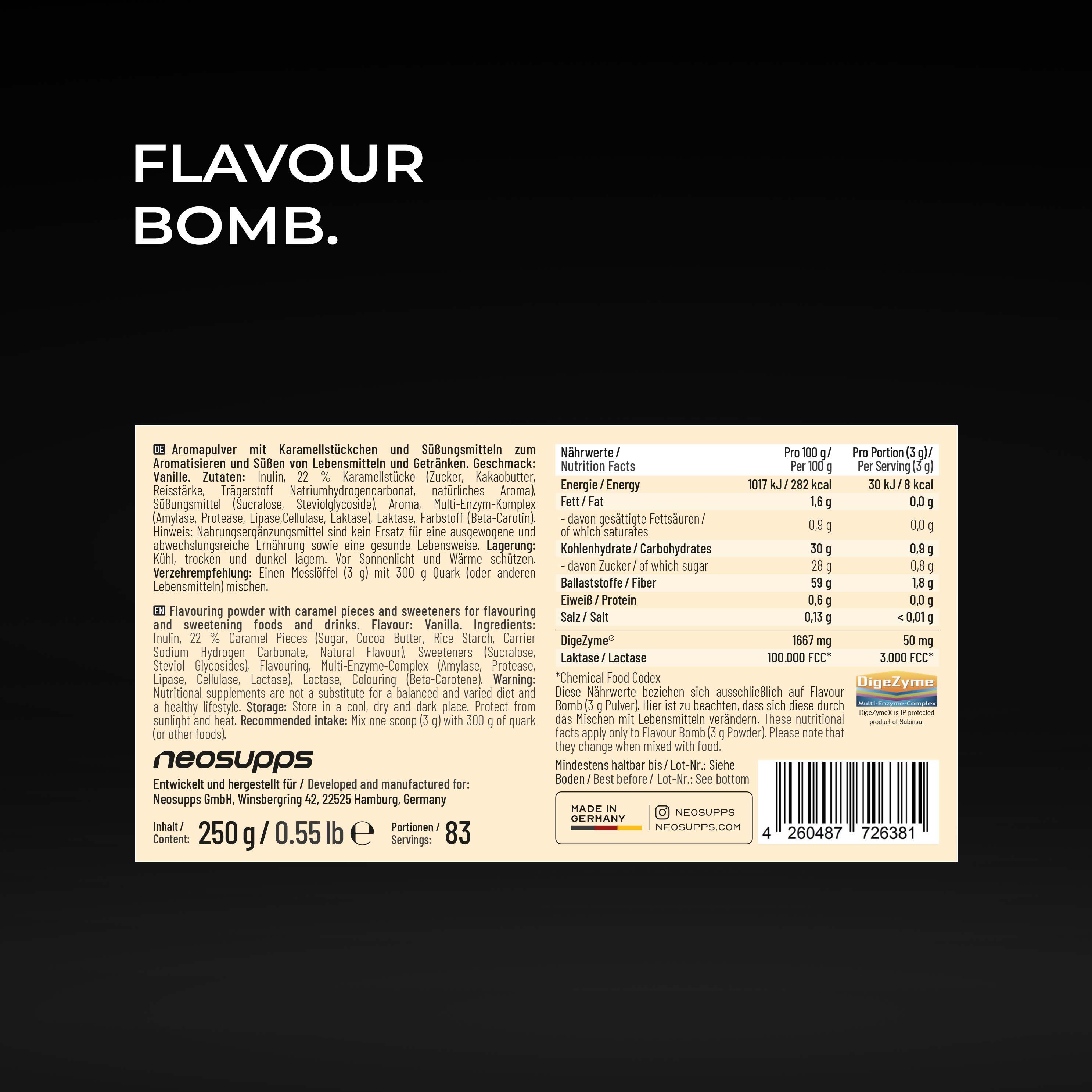 Neosupps Flavour Bomb Haselnuss Cream Aromapulver mit gehackten Haselnüssen.