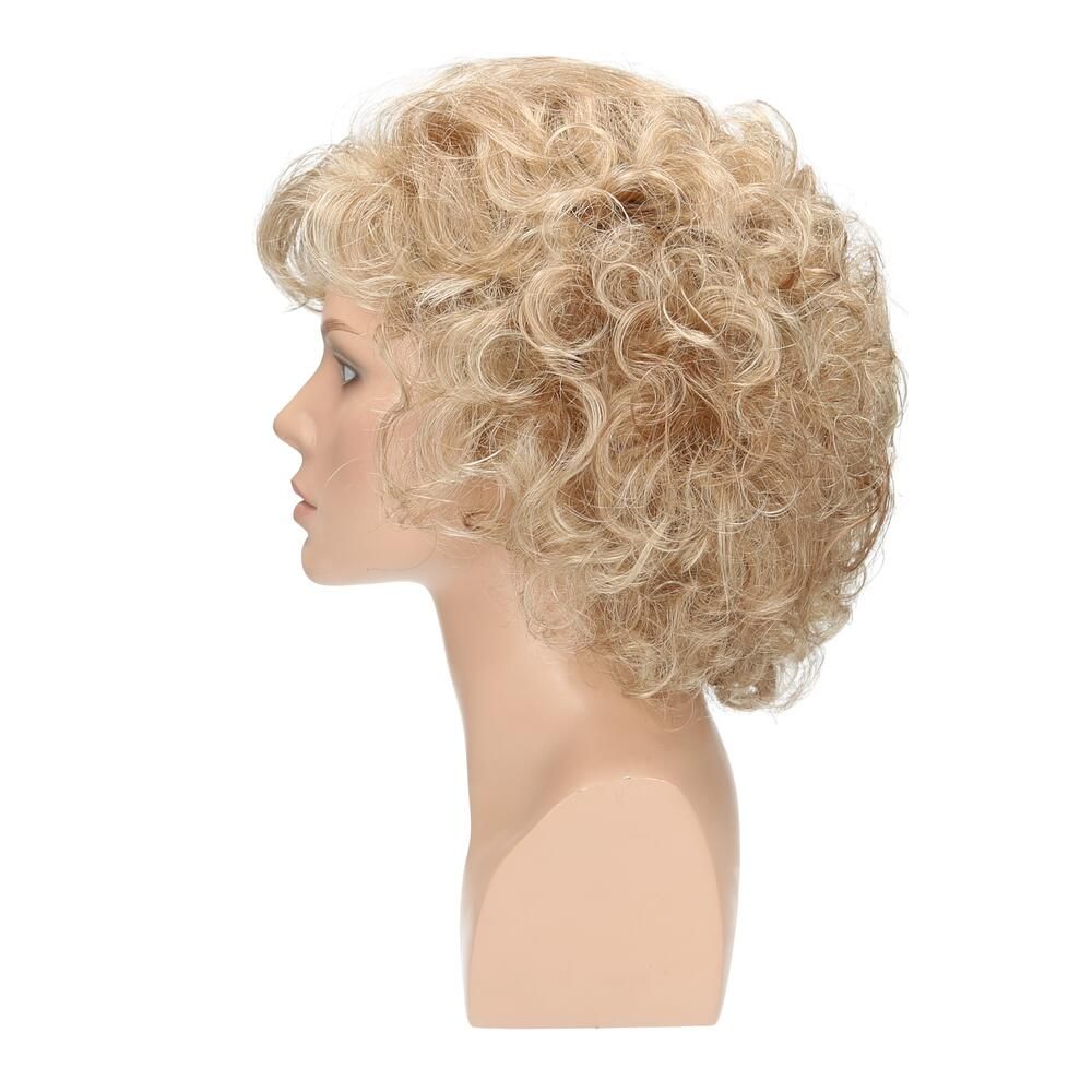 Perücke Violetta von Lofty, blond, lockig, auf einem Schaufensterkopf. Seitenansicht.