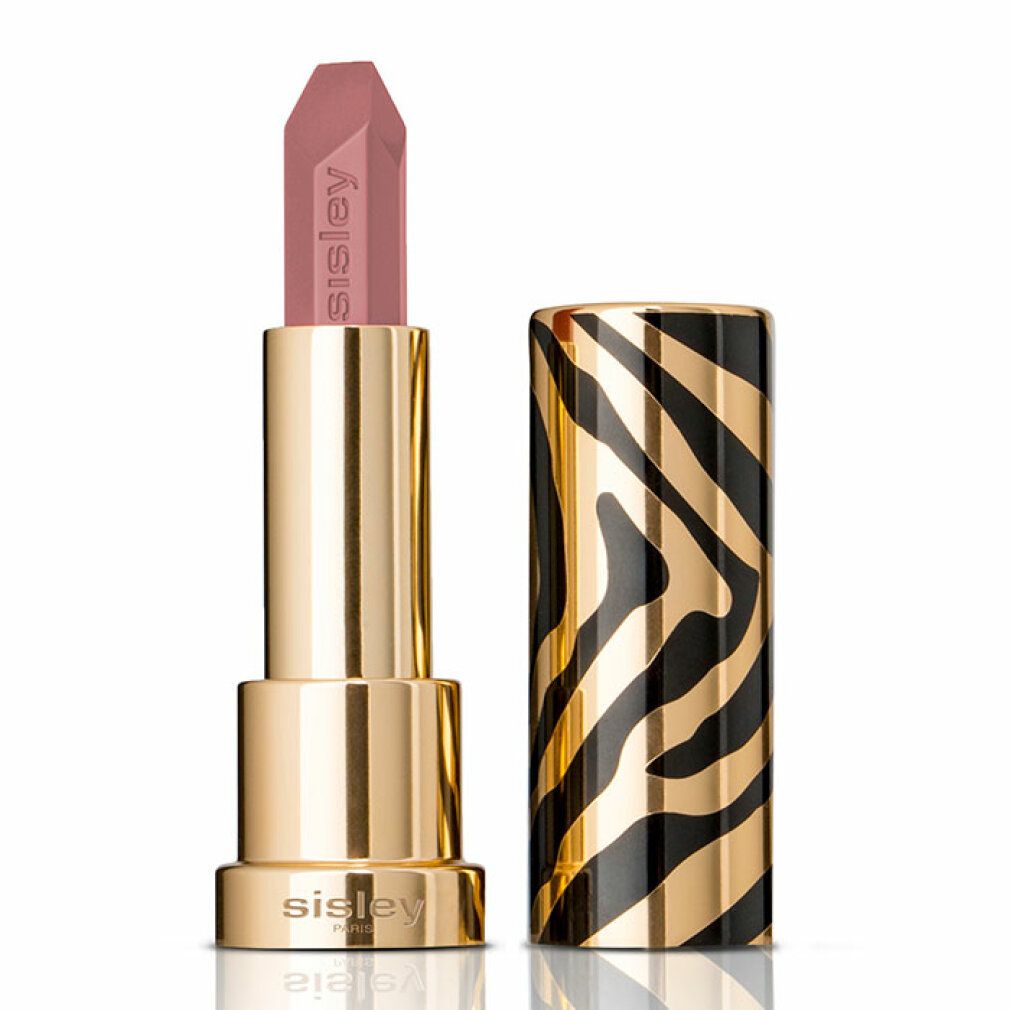 Goldfarbener Lippenstift mit geöffneter Hülse. Der Lippenstift ist rosa. Die Hülse hat ein Zebra-Muster.
