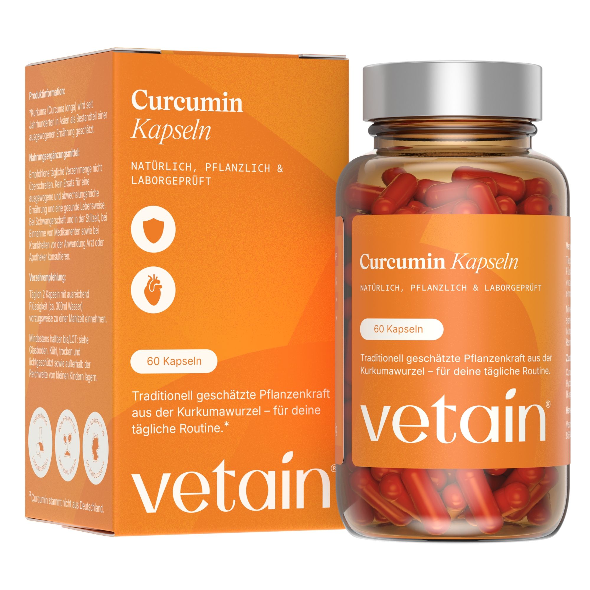Vetain Kurkuma Kapseln - Mit Vitamin D3 185x höhere Bioverfügbarkeit Mizell Curcumin NovaSOL 60 St
