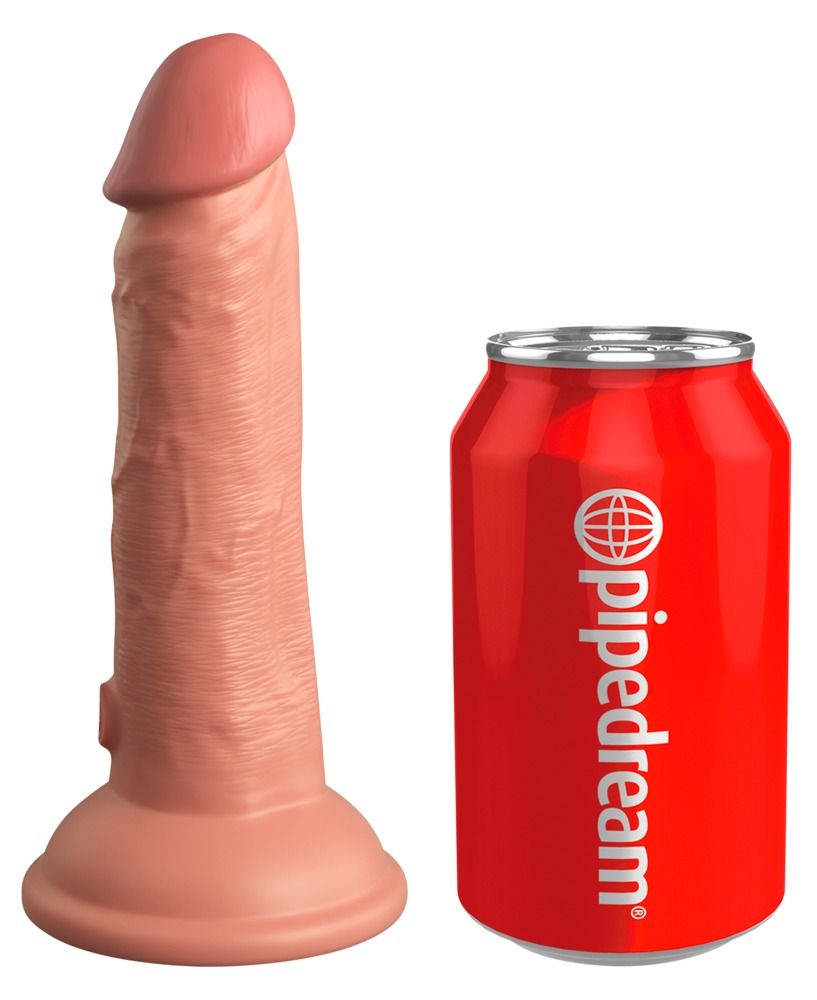 Dildo rosa accanto a una lattina rossa. La lattina riporta la scritta "pipedream".
