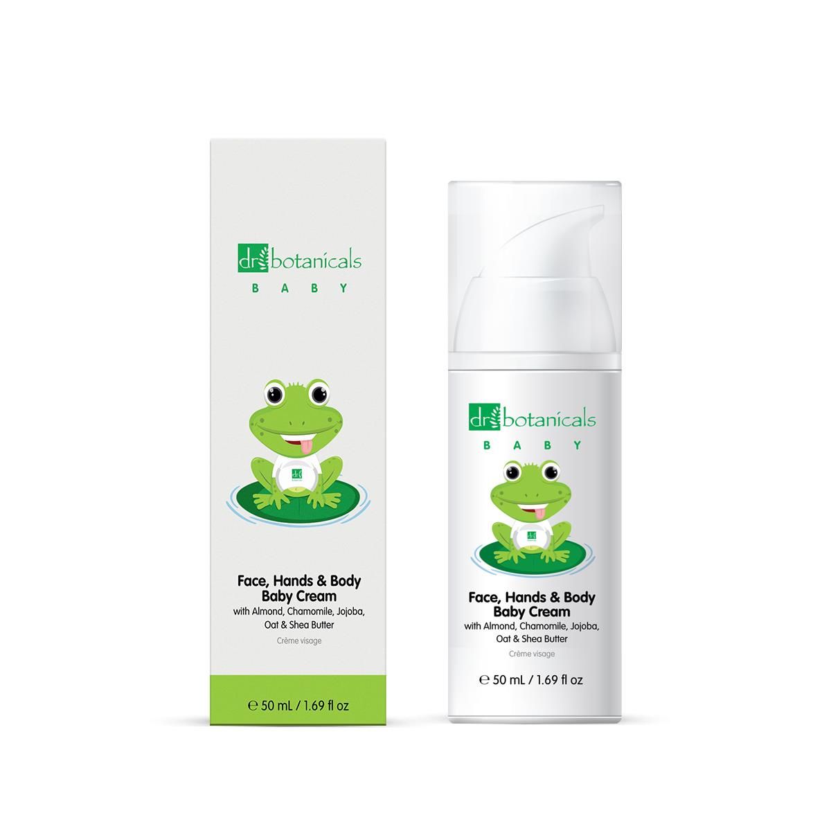 Dr. Botanicals Babycreme mit Frosch-Motiv, 50 ml, in Verpackung und Spender.