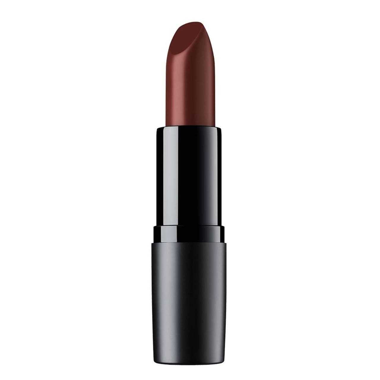 Dunkelbrauner Lippenstift in schwarzem Gehäuse. Der Lippenstift ist geöffnet.