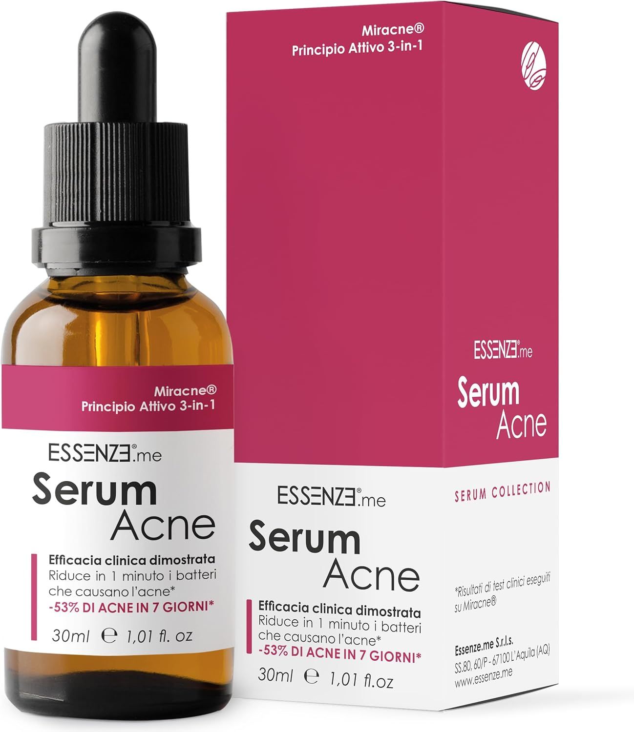Essenze.me Serum Acne Siero Viso per Brufoli e Imperfezioni, Pelle Impura e a Tendenza Acneica 30 ml