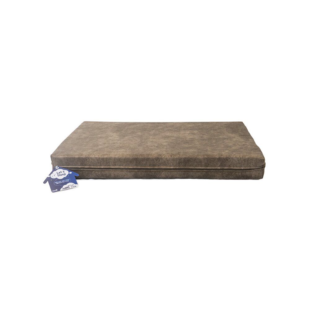 Orthopädisches Bett in Taupe. Rechteckige Form. Mit Etikett.