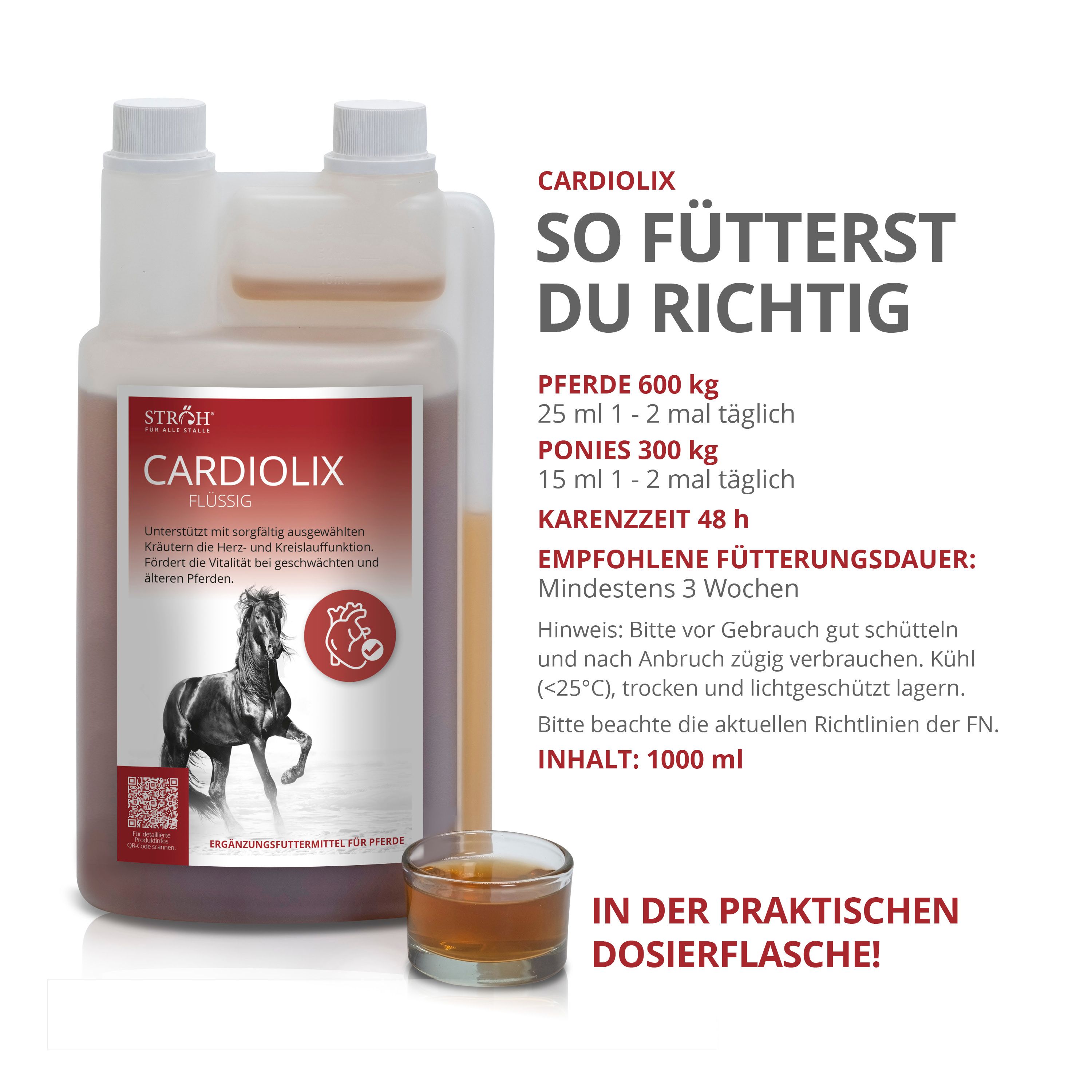 STRÖH CARDIOLIX Flüssig. Flasche mit Flüssigkeit und Messbecher. Produktname, Text und Pferdeabbildung.