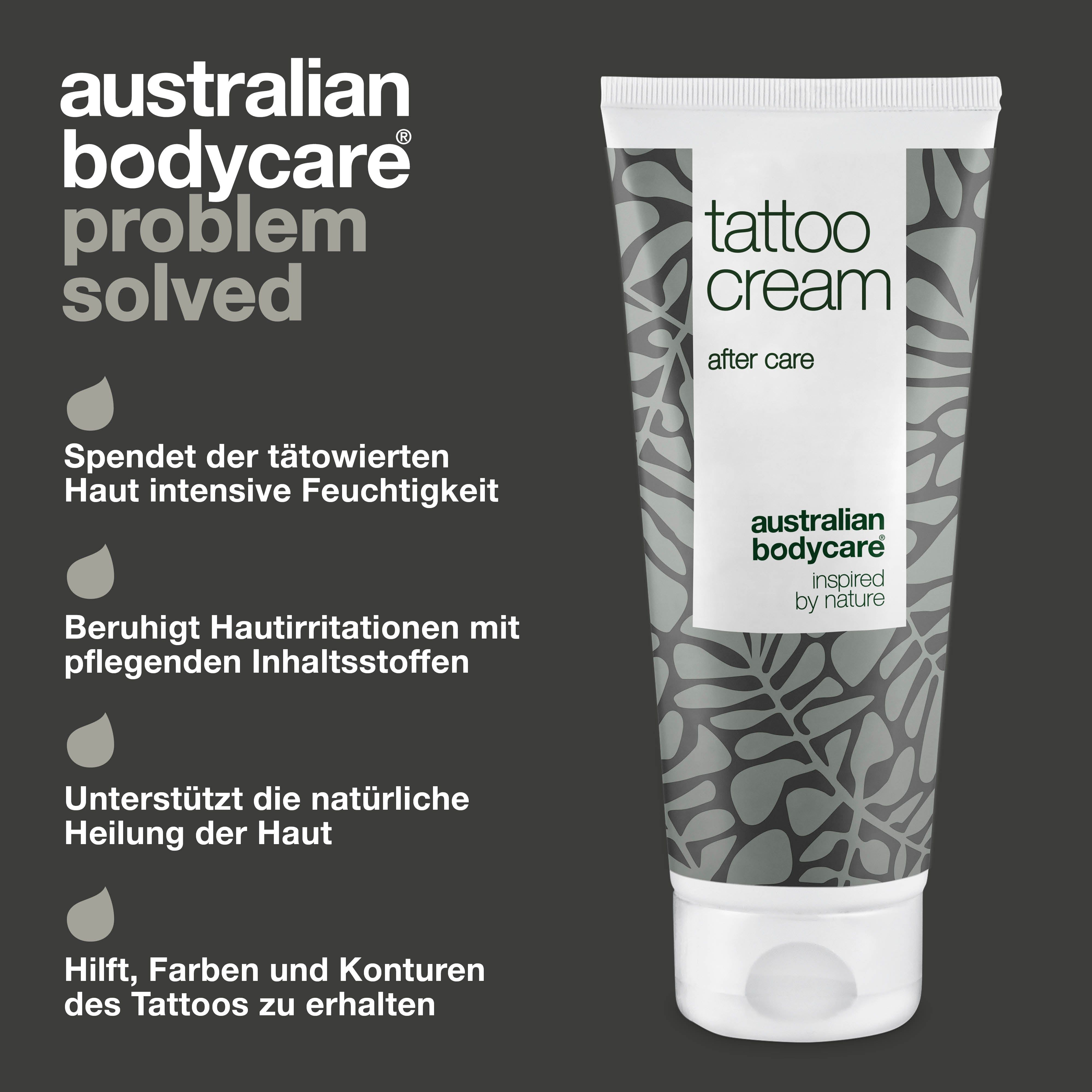 Tubenverpackung mit Tattoo Cream Aufschrift und Blattmuster.