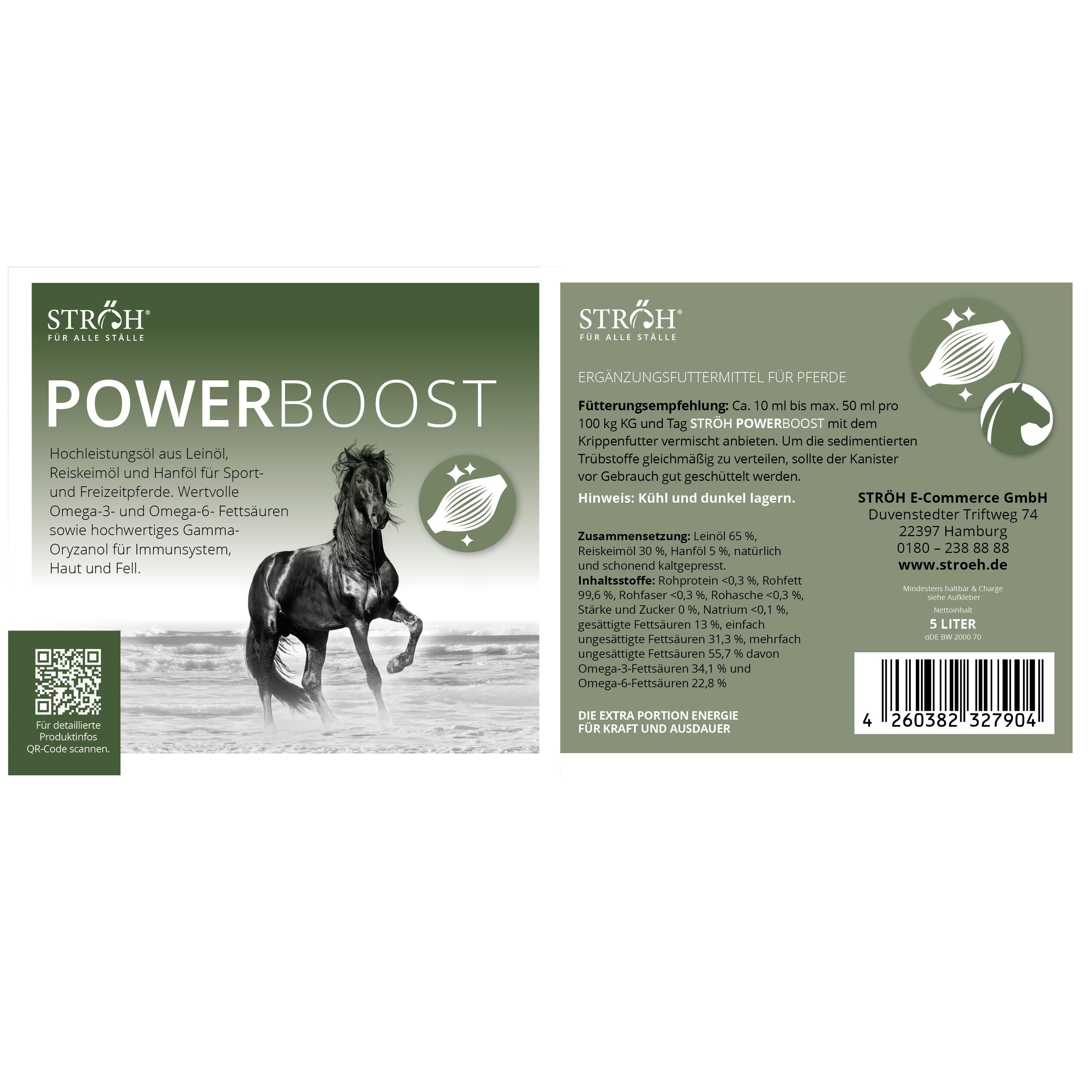 Etikett für STRÖH Power Boost. Enthält Informationen zu Inhaltsstoffen und Fütterungsempfehlung. Abgebildet ist ein Pferd.