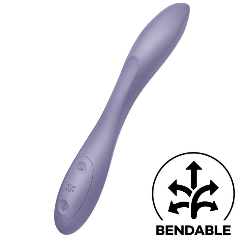 Lila Vibrator mit abgerundeten Enden und Bedienknöpfen. Flexibel, mit Symbol für Biegung. Auf weißem Hintergrund.