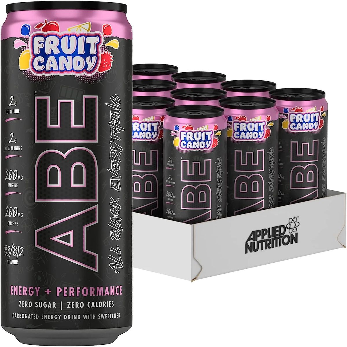 Dose ABE Energy Drink, schwarz mit rosa Deckel. Aufschrift: FRUIT CANDY, ABE, ENERGY + PERFORMANCE. In Karton verpackt, Applied Nutrition.