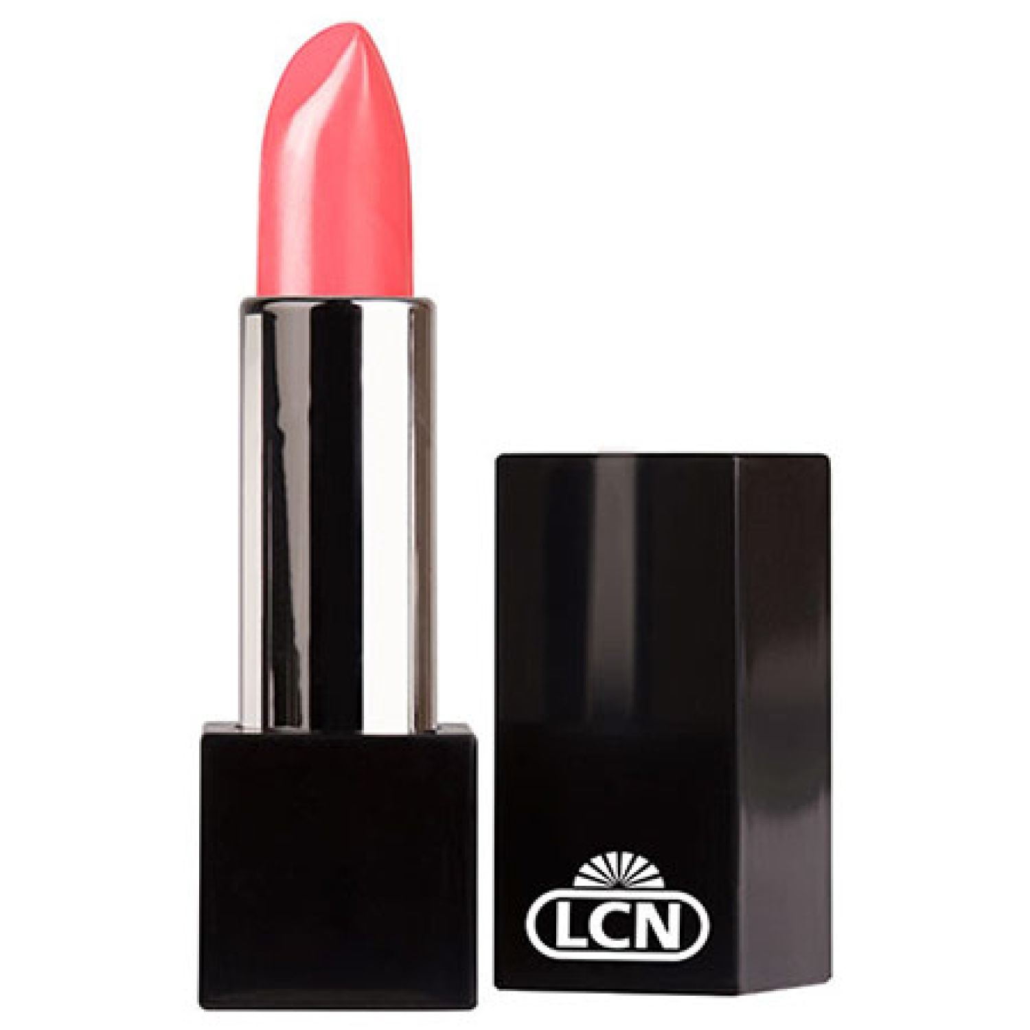 Lippenstift mit rosafarbenem Stift und schwarzer, quadratischer Hülse. LCN-Logo auf der Hülse.
