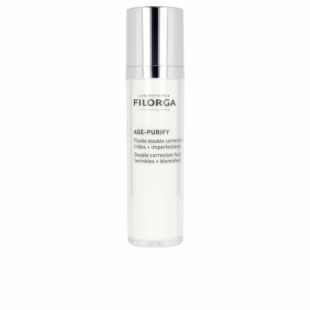 Filorga Age-Purify Fluid mit Pumpspender, Flakon mit silbernem Verschluss.