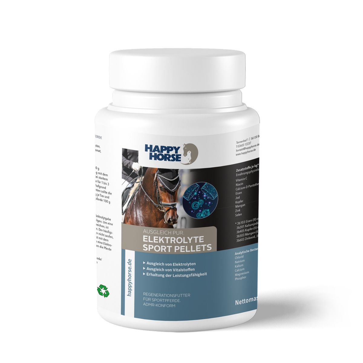 Weiße Kunststoffdose mit Deckel. Aufschrift Happy Horse und Elektrolyte Sport Pellets. Abbildung eines Pferdes.