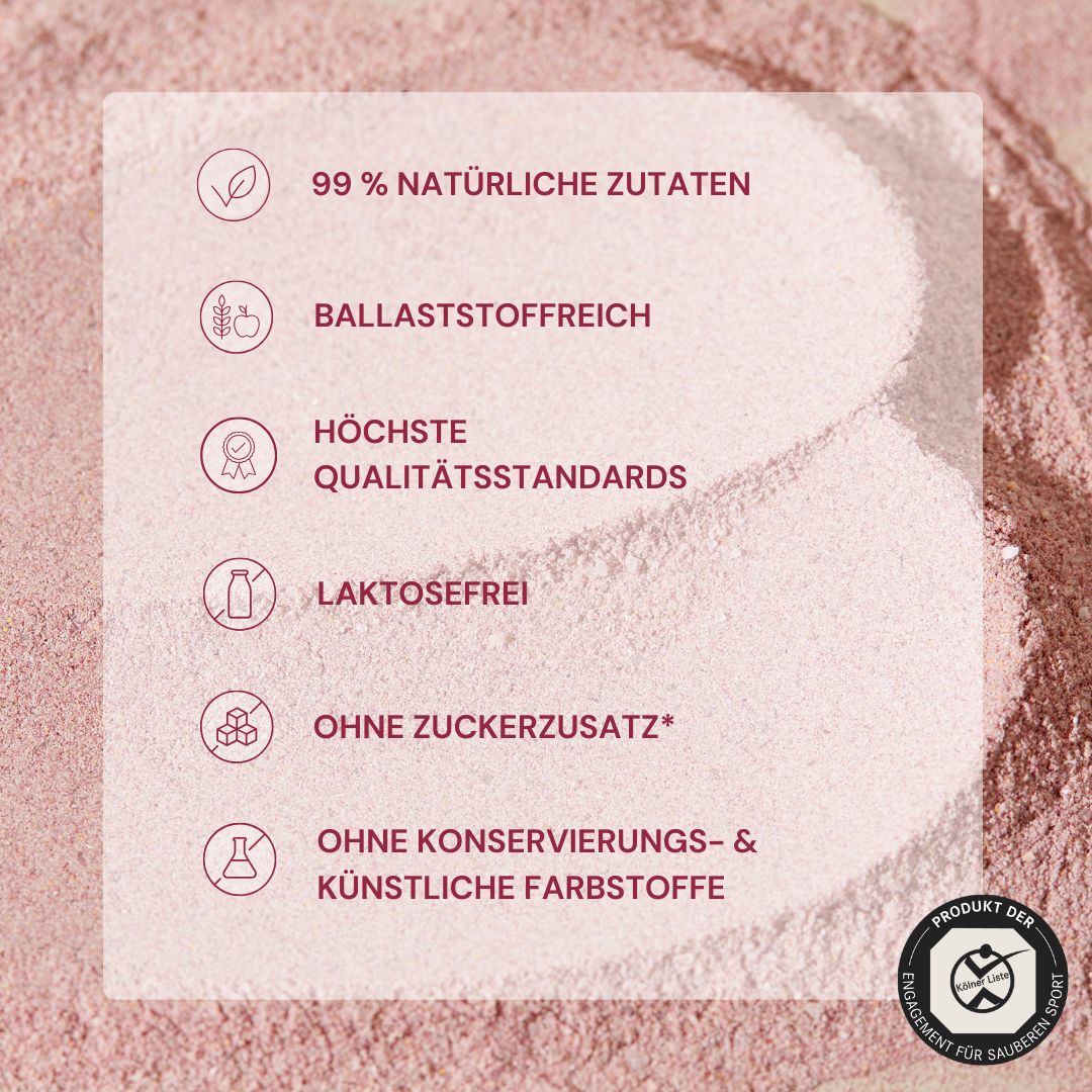 Text: 99% natürliche Zutaten, ballaststofffrei, höchste Qualitätsstandards, laktosefrei, ohne Zuckerzusatz, ohne Konservierungs- & künstliche Farbstoffe.