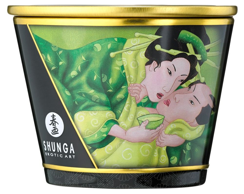 Grüne Kerze mit Abbildung zweier Personen. Aufschrift: Shunga Erotic Art. Schwarzer Hintergrund mit goldenem Rand.