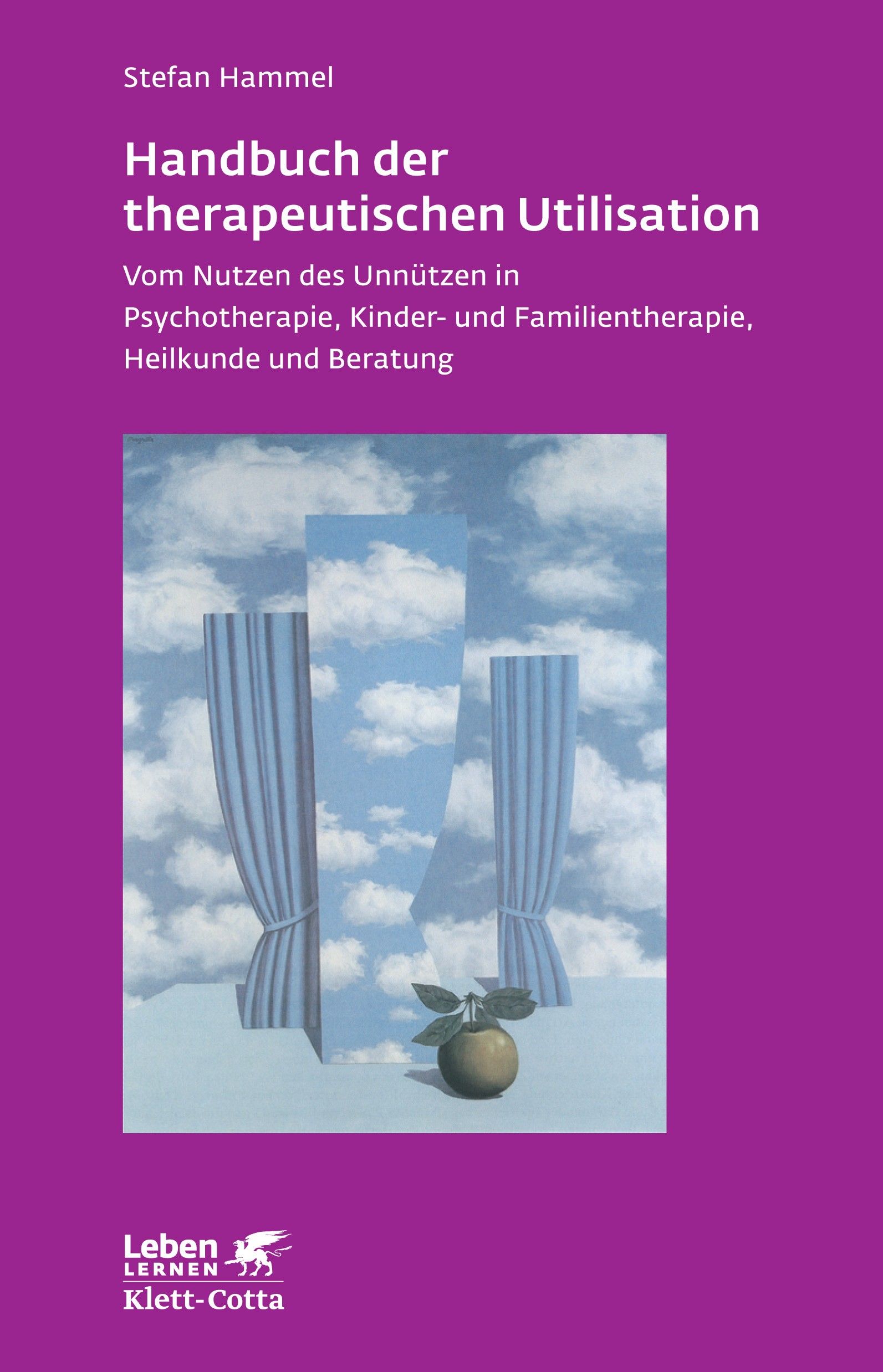 Buchcover: "Handbuch der therapeutischen Utilisation". Autor: Stefan Hammel. Verlag Klett-Cotta. Abbildung: surrealistische Szene mit Vorhängen und Himmel.