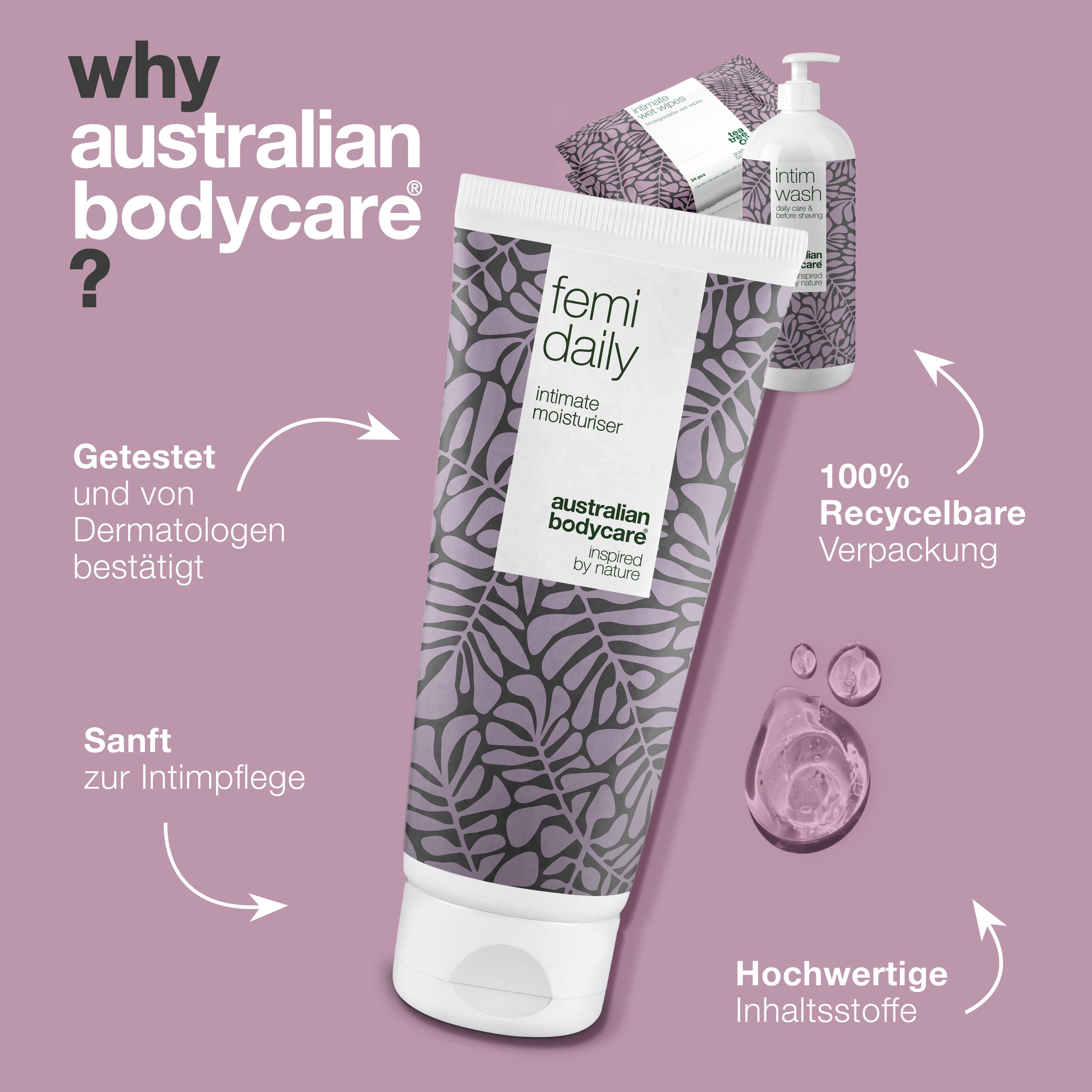 Produkt-Set mit Intimwaschgel, Feuchtigkeitspflege und Feuchttüchern. Text und Logo.