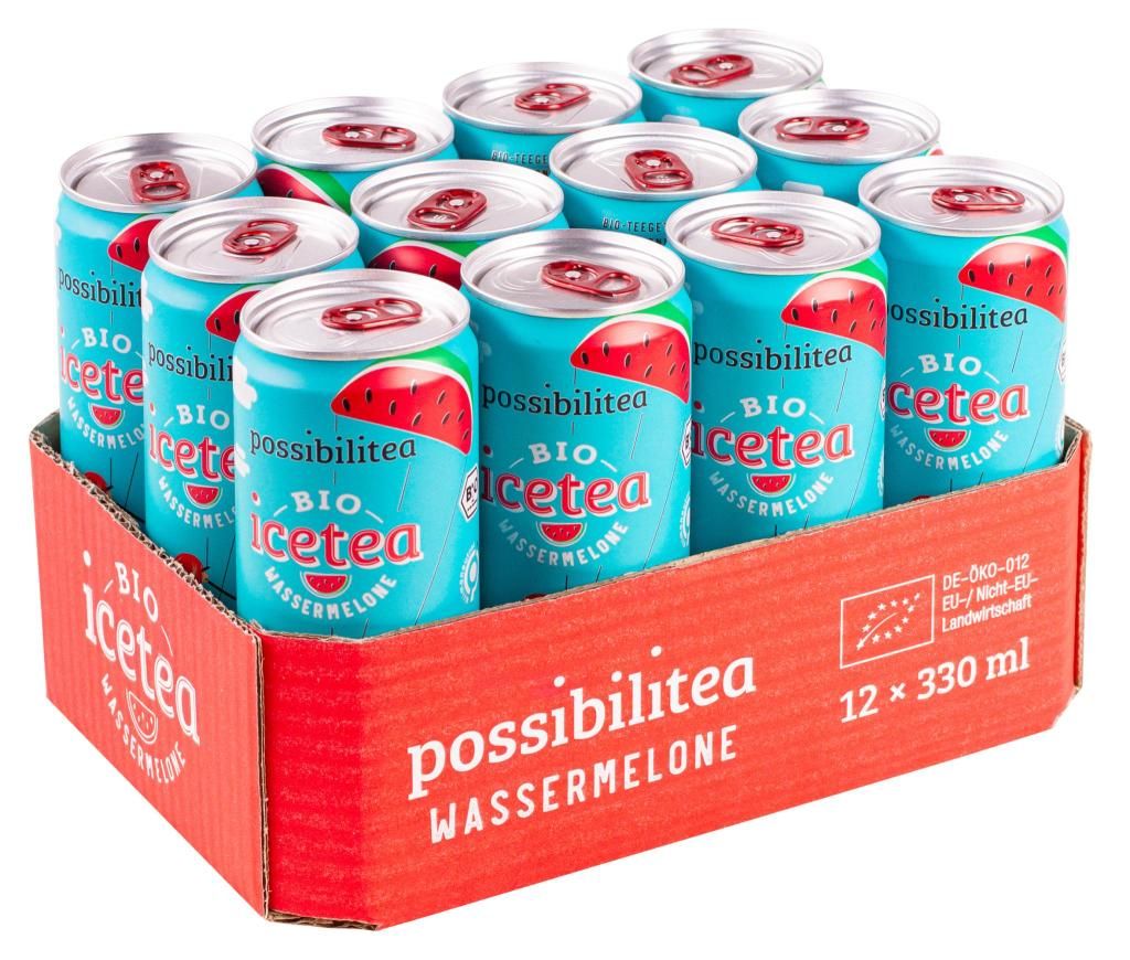 Karton mit 12 Dosen Possibilitea Bio Icetea Wassermelone. Türkis-blaue Dosen mit roter Wassermelone. Bio-Siegel.