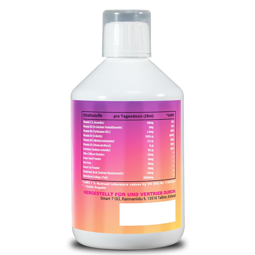 Rückseite der weißen Flasche. Enthält Nährwertangaben. Rosa-gelber Farbverlauf im Hintergrund.