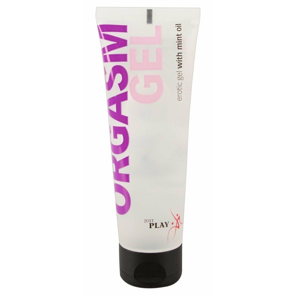 Tube mit "ORGASM GEL"-Aufdruck. Transparentes Gel mit schwarzem Verschluss. "Just Play" Logo.