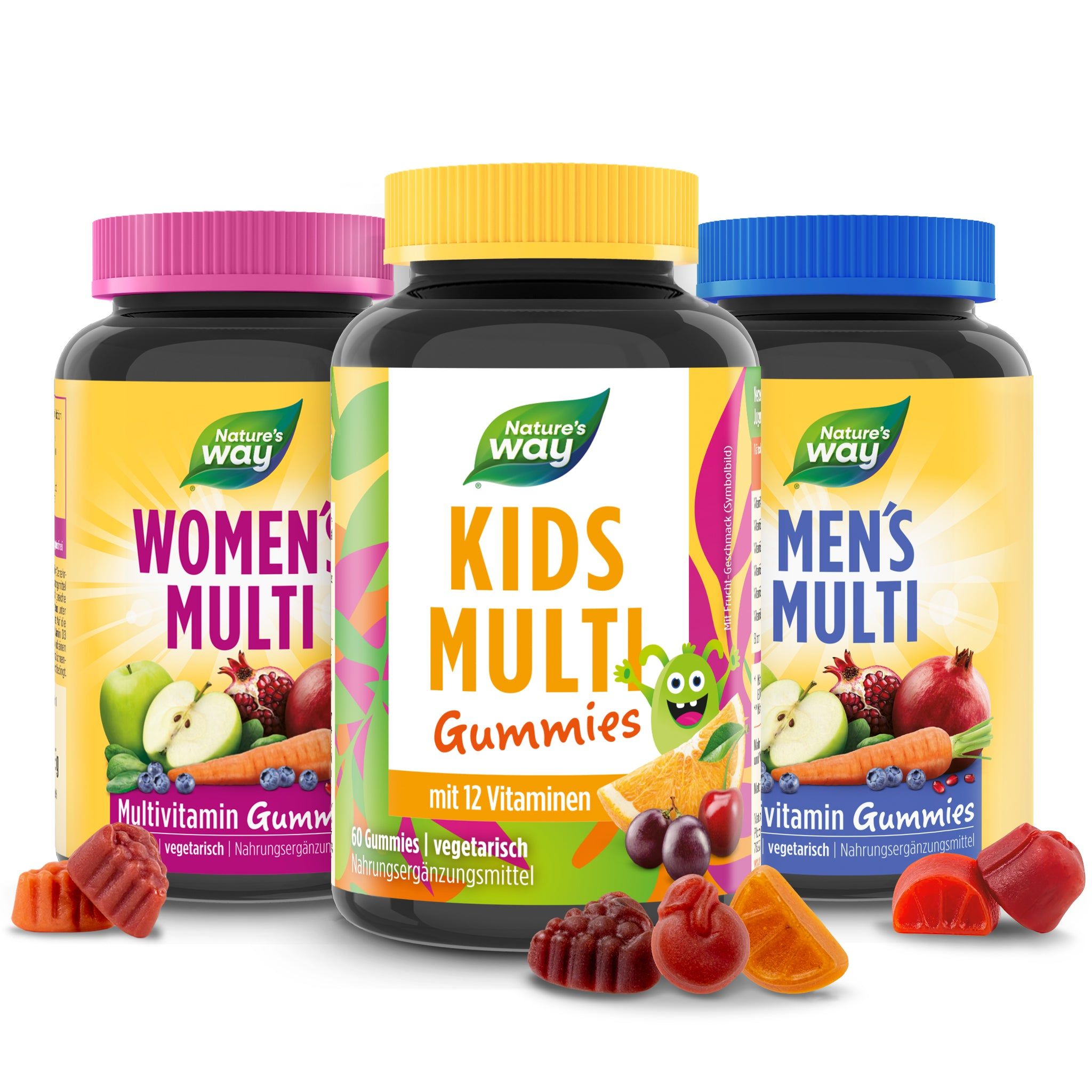 Drei Flaschen Multivitamin-Gummis: Women's Multi, Kids Multi, Men's Multi. Gummis in verschiedenen Farben liegen daneben.