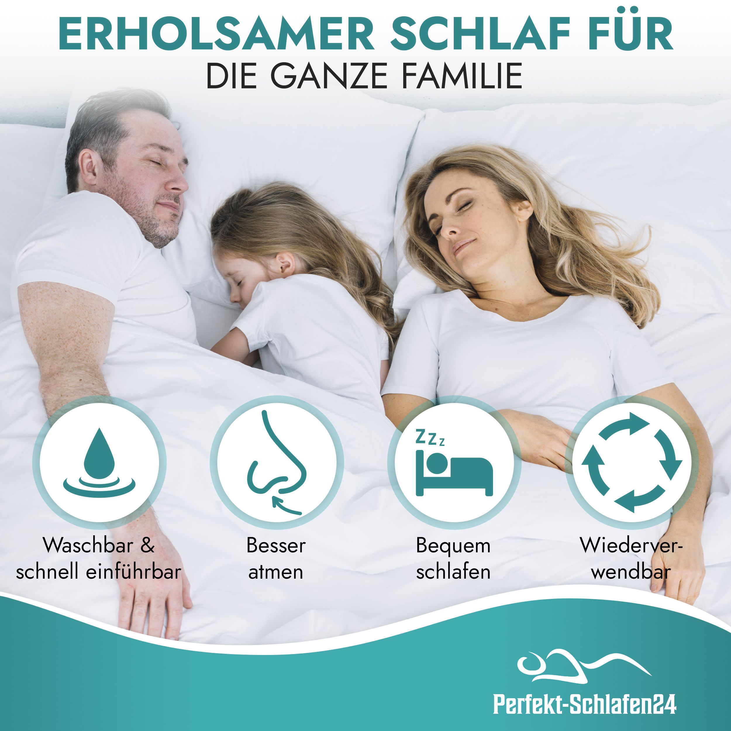 Familie im Bett. Text: Erholsamer Schlaf für die ganze Familie. Symbole: Waschbar, besser atmen, bequem schlafen, wiederverwendbar. Perfekt-Schlafen24.