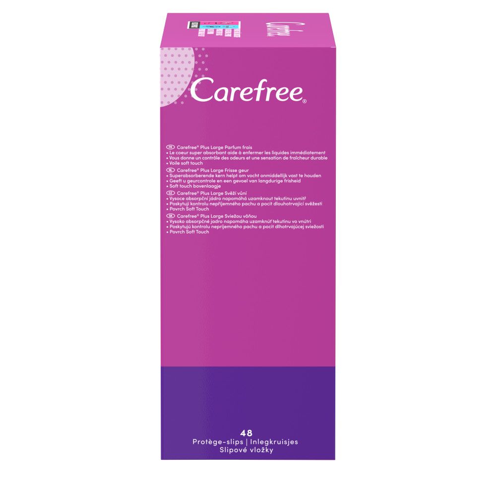 Carefree-Verpackung, Ansicht der schmalen Seite. Text in mehreren Sprachen. 48 Slipeinlagen. Rosa und lila Farben.