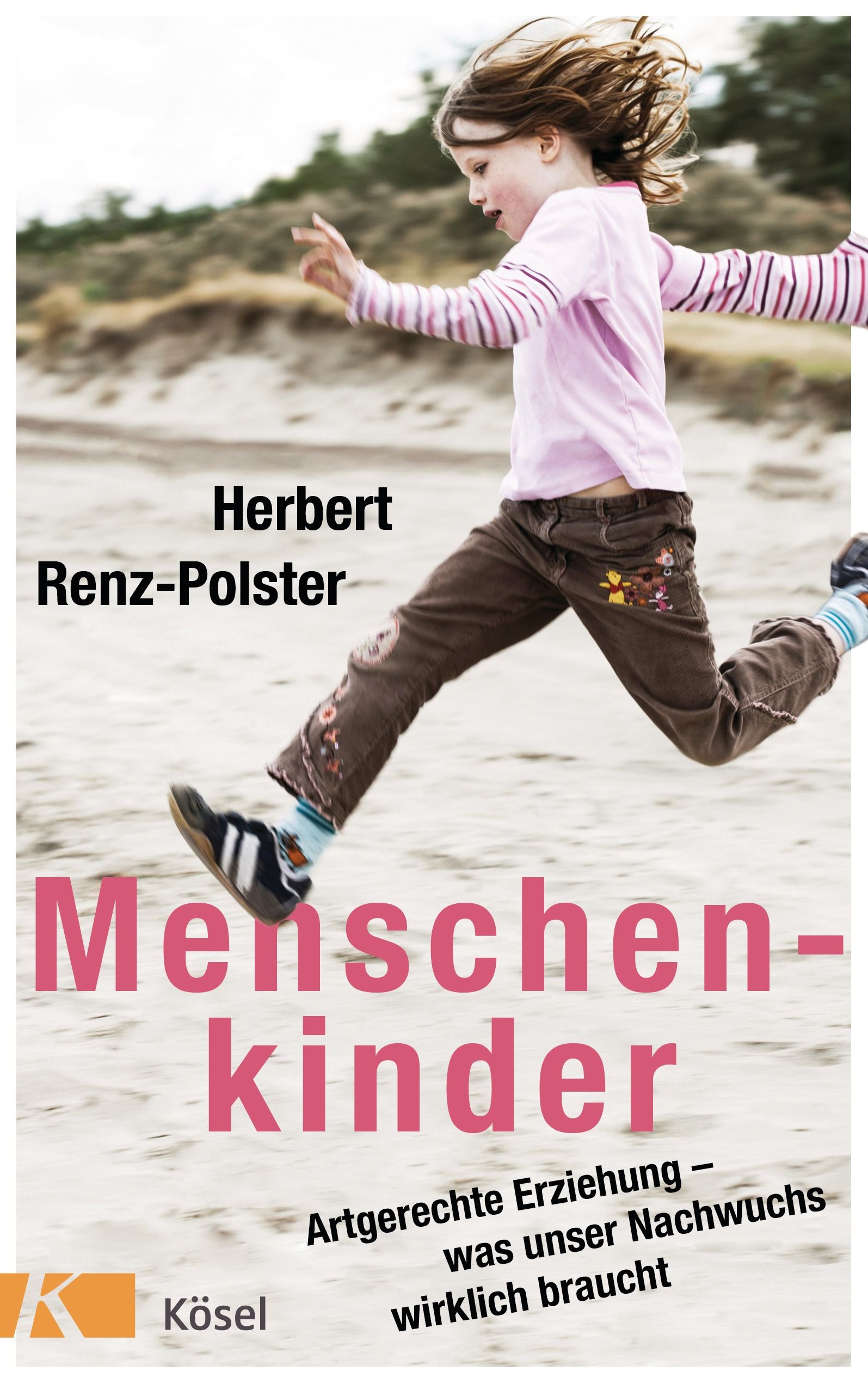 Buchcover mit dem Titel "Menschenkinder". Ein Kind springt am Strand. Autor: Herbert Renz-Polster. Verlag: Kösel.