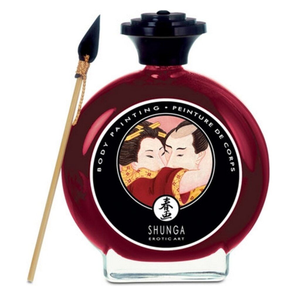 Runde Flasche mit roter Flüssigkeit, schwarzem Deckel und Etikett mit Paar-Illustration. Inklusive Pinsel.