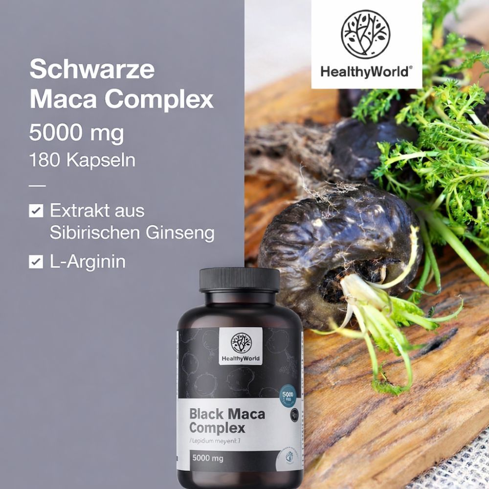 Flasche mit Kapseln, Text: Schwarze Maca Complex 5000 mg, 180 Kapseln. Logo: HealthyWorld. Inhaltsstoffe.