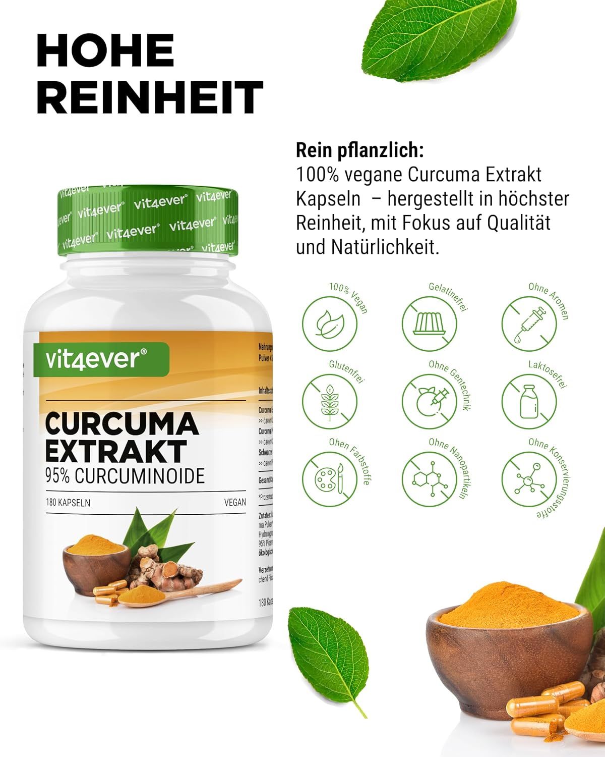 Vit4ever Curcuma Extrakt Dose mit Siegeln für vegan, ohne Aromen, Laktosefrei, Glutenfrei.