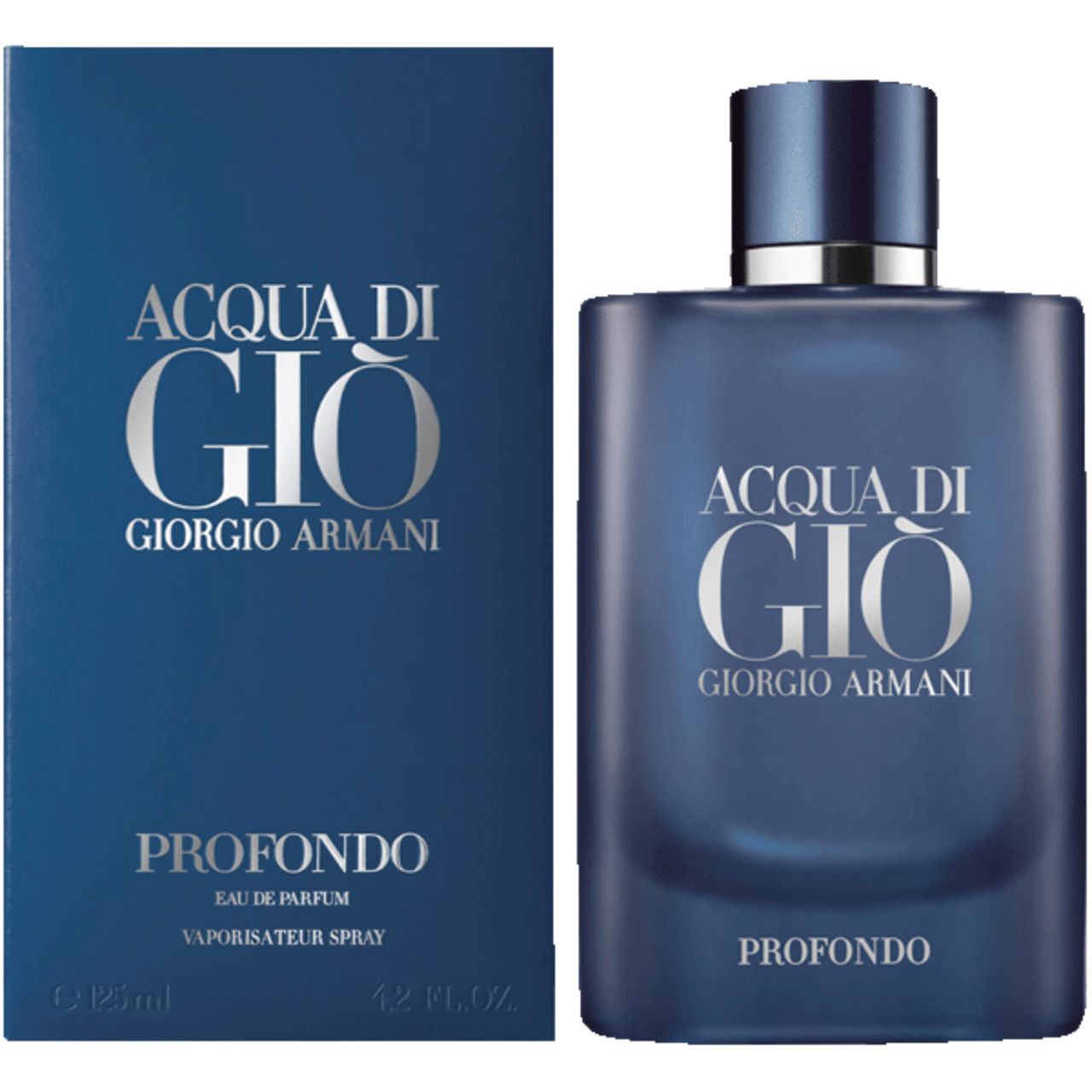 Blaues Parfümflakon und Schachtel. Aufschrift: Acqua di Giò Giorgio Armani Profondo. Flakon mit silberner Kappe.