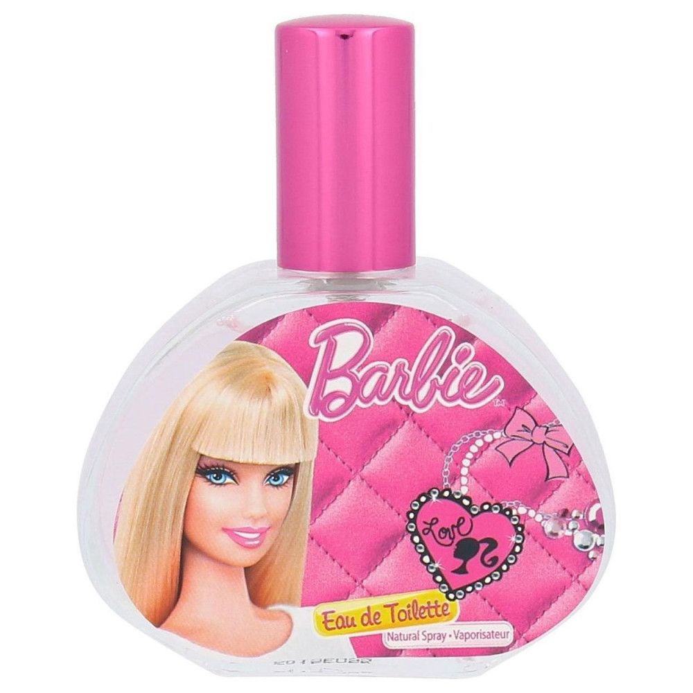 Parfümflakon mit rosa Verschluss. Aufkleber mit Barbie-Porträt und Schriftzug 'Eau de Toilette'.
