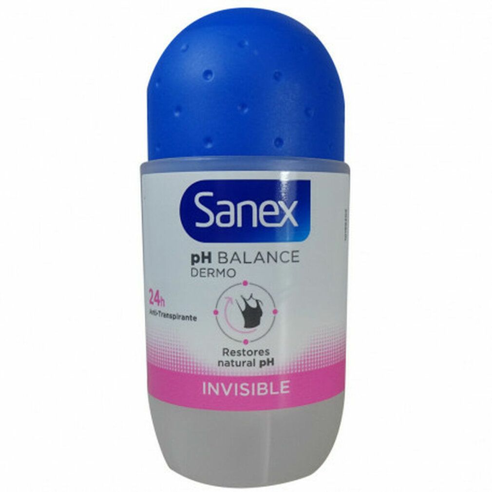 Roll-on-Deodorant mit blauer Kappe. Aufschrift Sanex, pH Balance Dermo, Invisible. 24h Anti-Transpirant.
