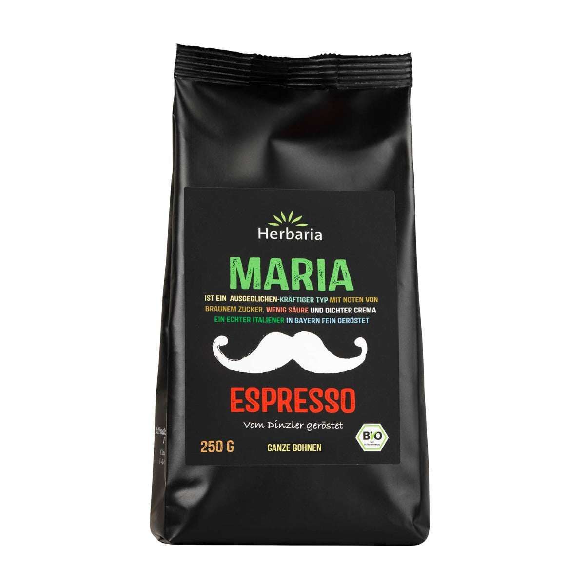 Schwarzer Beutel mit Herbaria Maria Espresso. Aufschrift: Espresso, 250g, ganze Bohnen. Bio-Siegel.