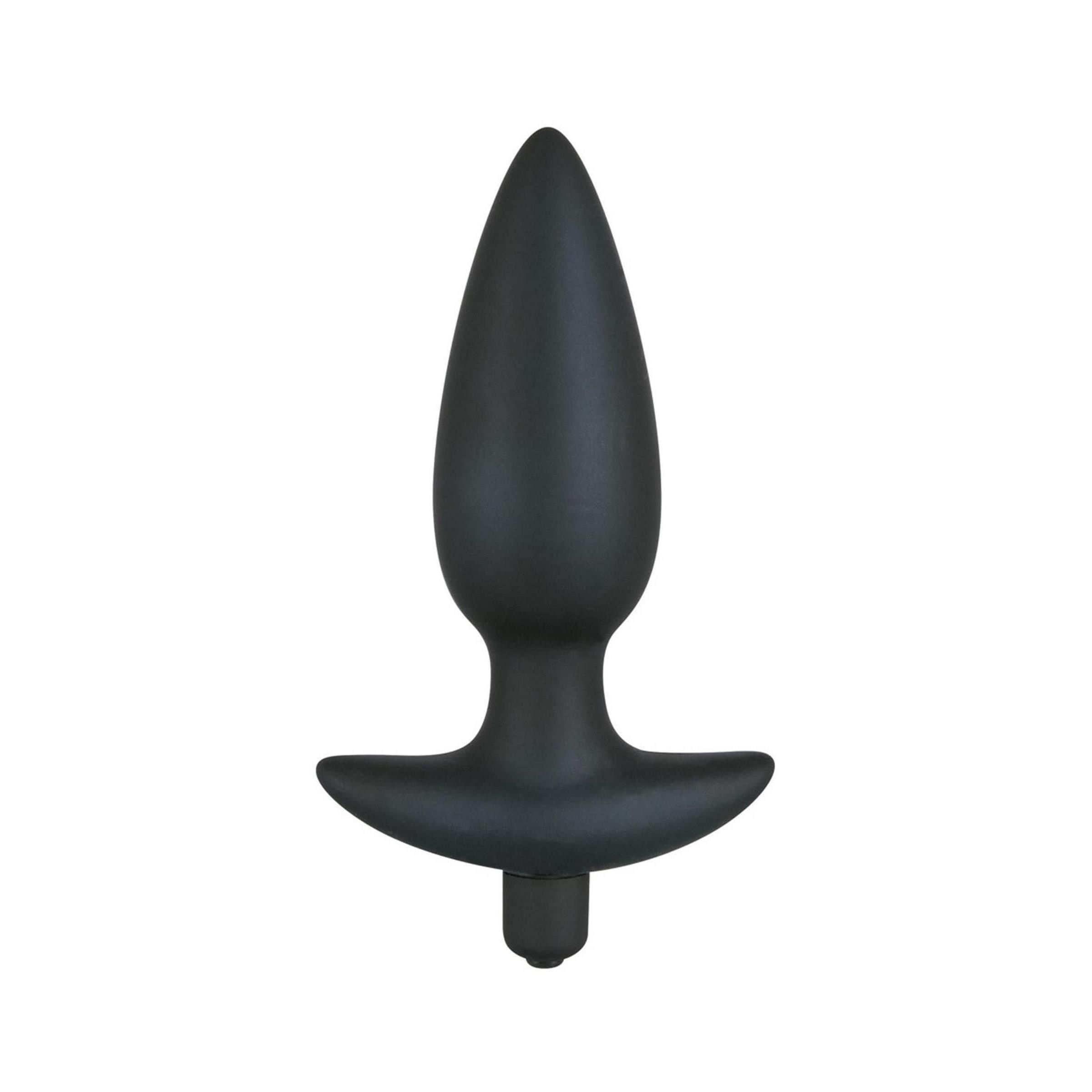 Schwarzer, konisch geformter Analplug mit T-förmigem Griff und Basis. Aus schwarzem Material.