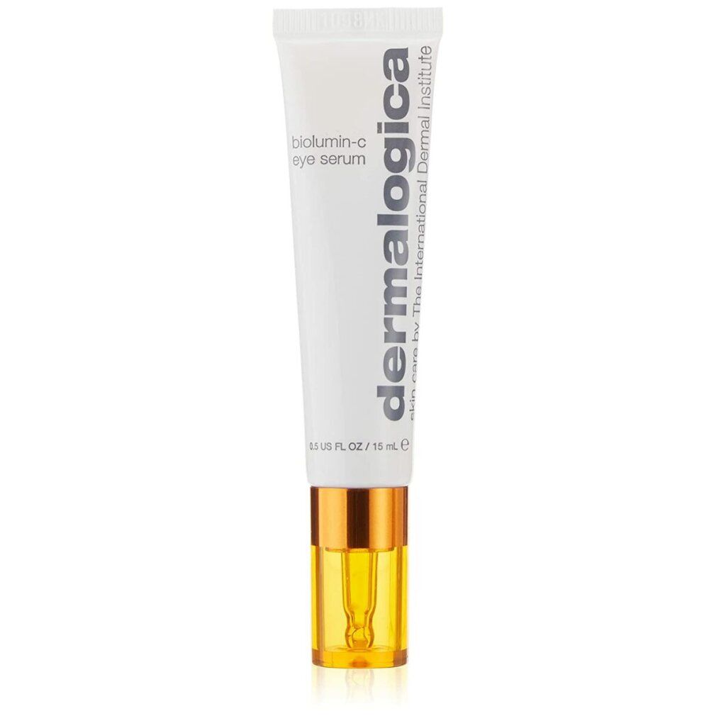 Weißes Tube mit goldfarbenem Verschluss. Aufschrift: biolumin-c eye serum, dermalogica.