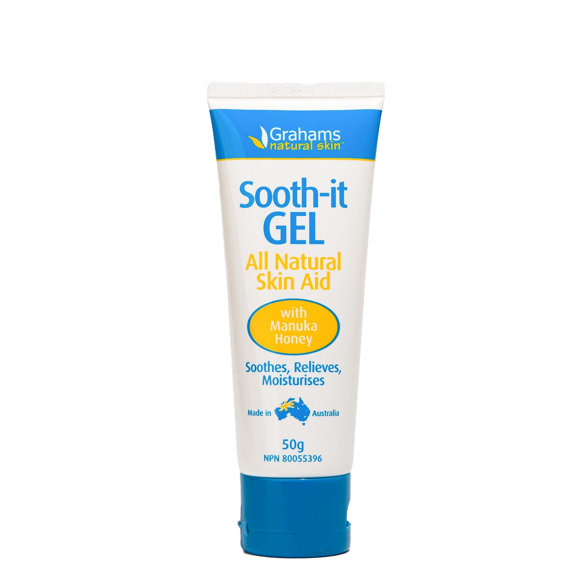 Tube Grahams Natural Skin Sooth-it Gel. Weiß-blau, mit Text: "All Natural Skin Aid" und "Manuka Honey". 50g.