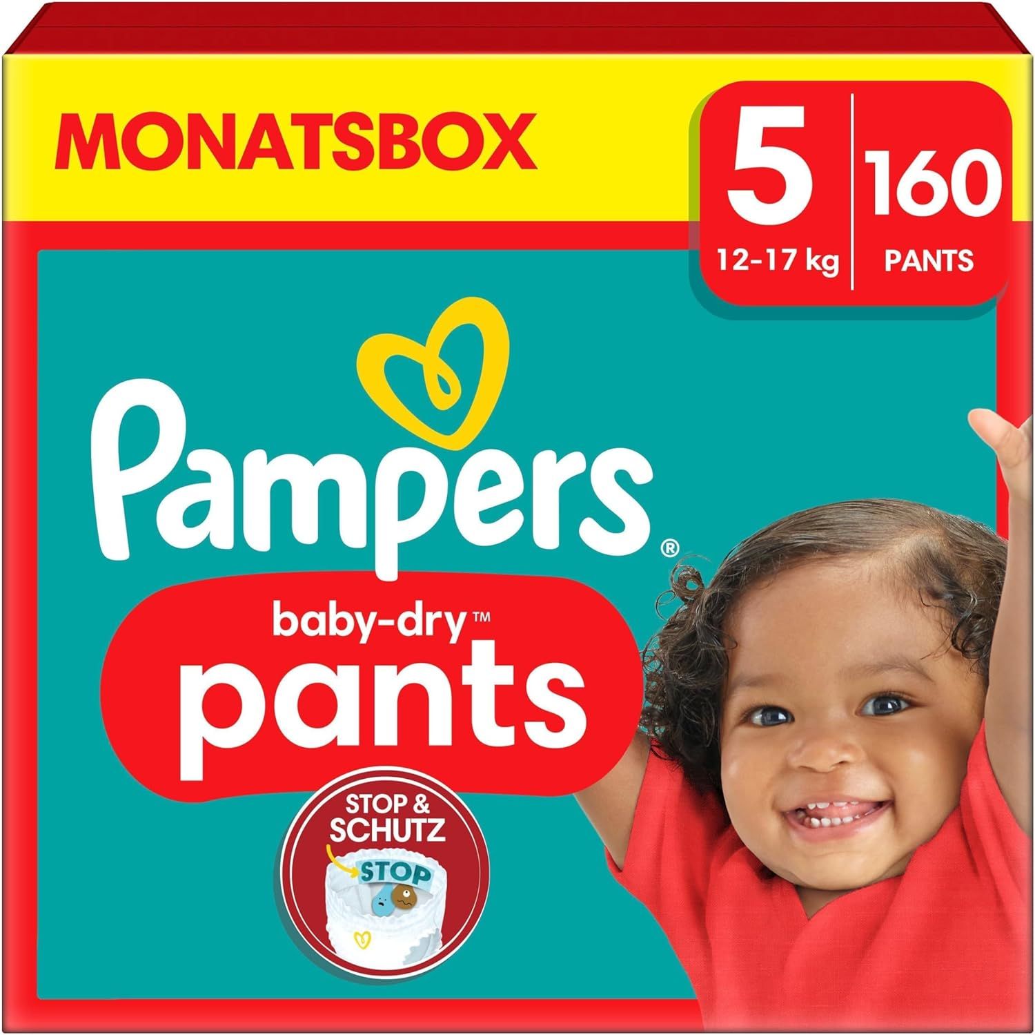 Pampers Windeln Pants Größe 5 Baby-Dry, 160 Windeln, 12kg-17kg, 360° Fit hilft, Auslaufen zu verh