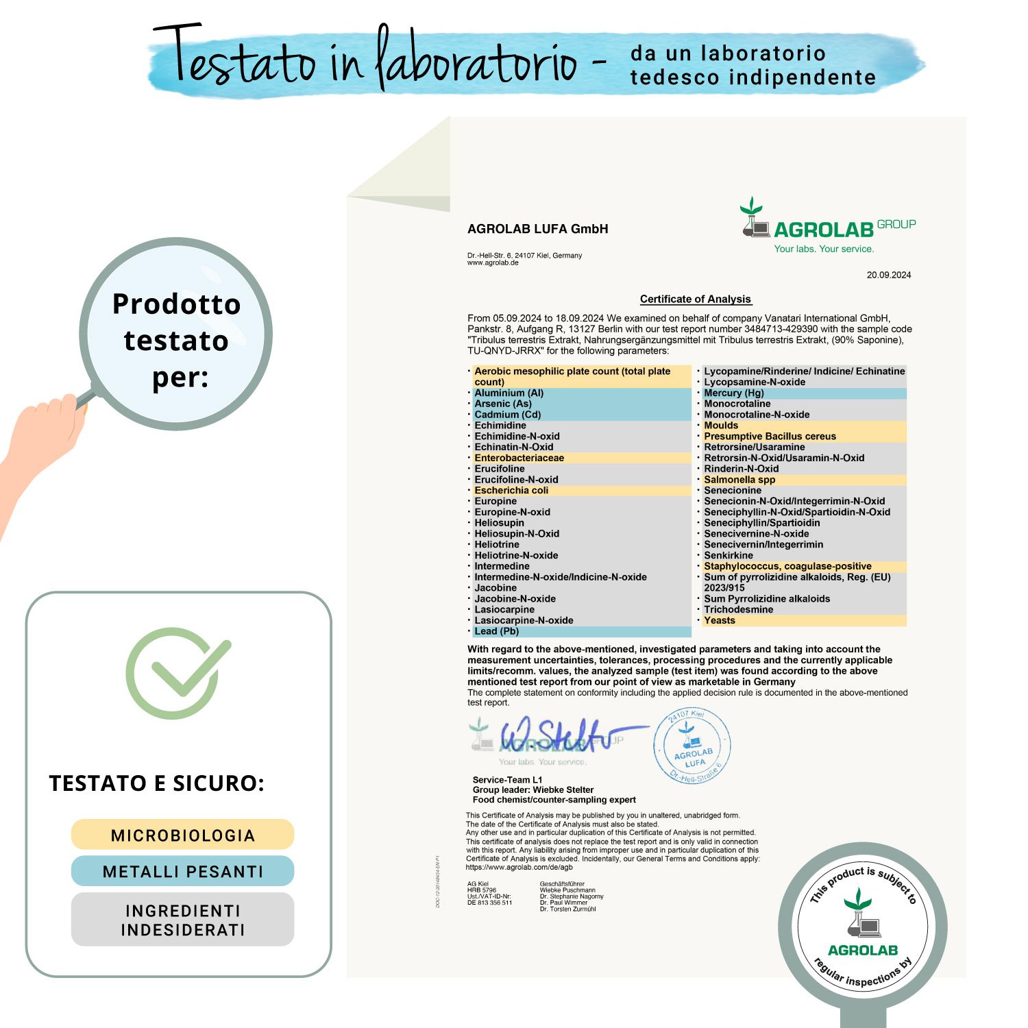 Certificato di AGROLAB LUFA GmbH. Prodotto testato per: Microbiologia, metalli pesanti, ingredienti indesiderati.