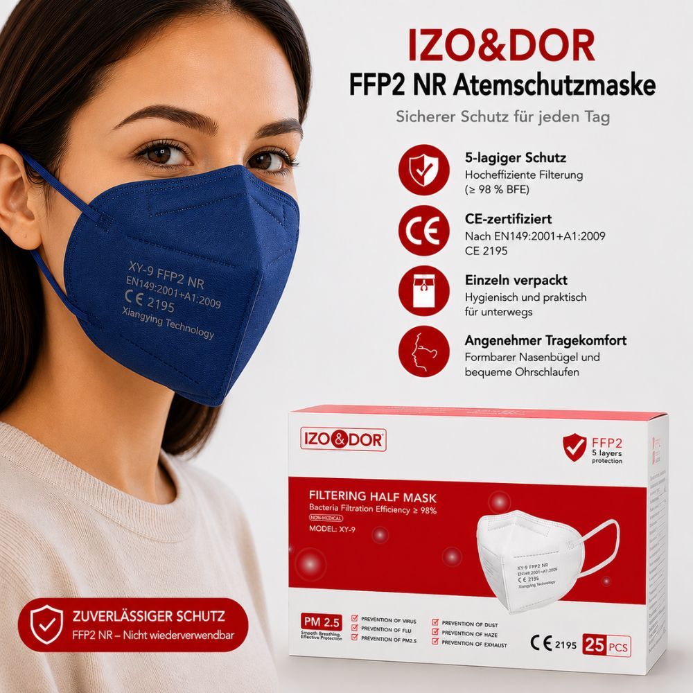 Blaue FFP2 NR Atemschutzmaske mit 5 Lagen Schutz, CE-zertifiziert. Einzeln verpackt. Kartonverpackung mit 25 Masken.