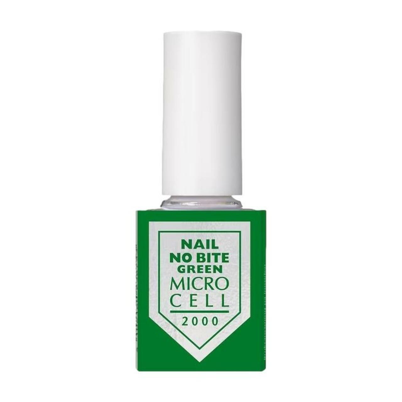 Grüne Nagellackflasche mit weißem Deckel. Aufschrift: Nail No Bite Green Micro Cell 2000.
