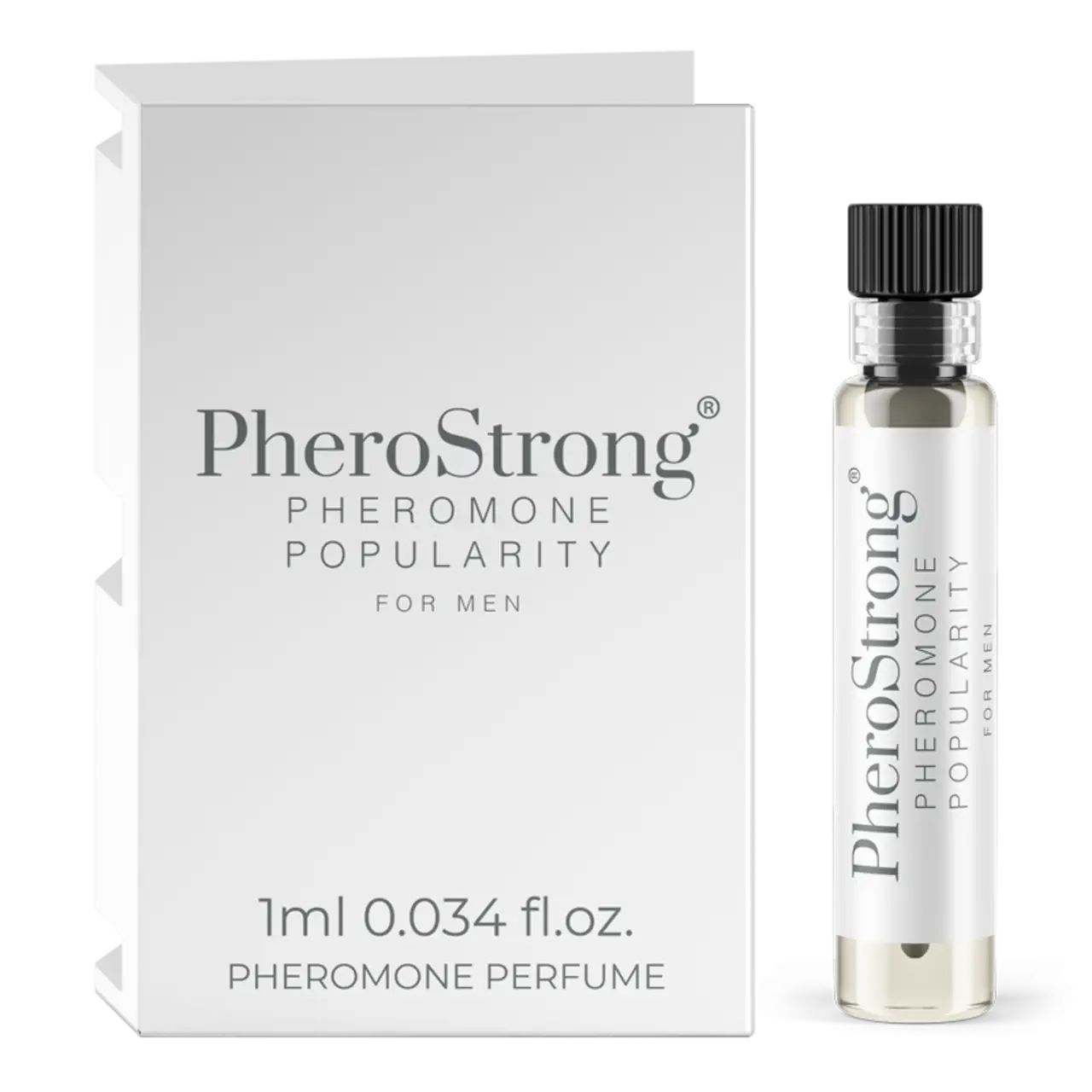 Karton und Flakon mit Pheromon-Parfüm. Aufschrift: PheroStrong, Pheromone Popularity for Men. Volumen: 1 ml.