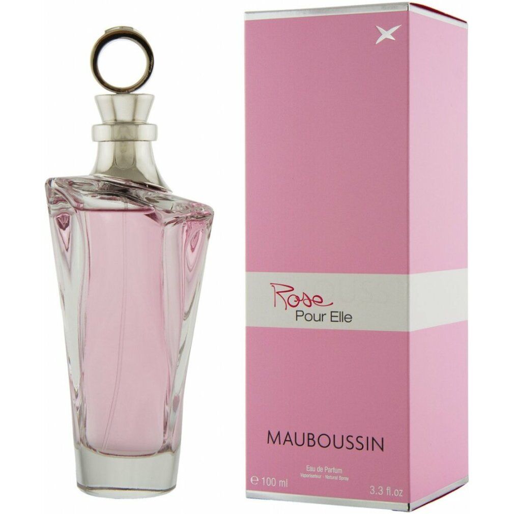 Rosa Pour Elle Eau de Parfum Spray, Flakon und Verpackung. Rosa Flakon mit silbernem Verschluss und rosa Verpackung.