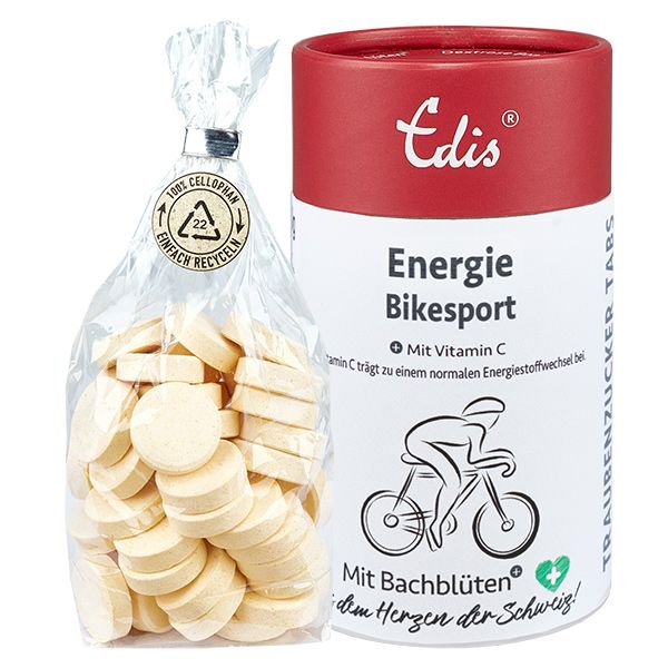 Zwei Verpackungen: eine Tüte mit Tabletten und eine rote Dose. Auf der Dose steht "Edis Energie Bikesport".