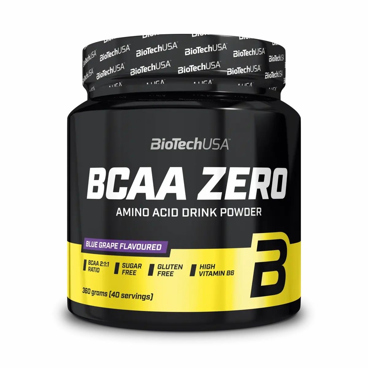 BioTech BCAA Zero Aminosäure-Pulver in Blue Grape Geschmack. 360g Dose mit Hinweisen zu Zuckerfrei und Vitamin B6.