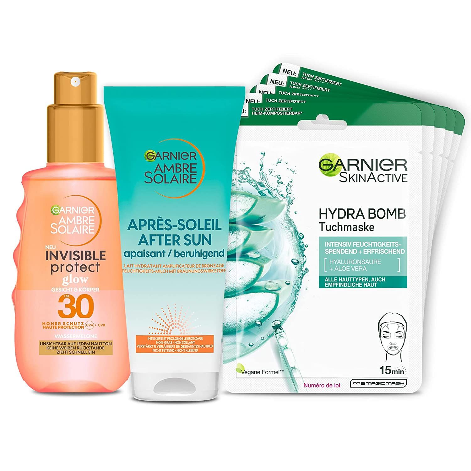 Garnier Sonnenschutz Set für Gesicht und Körper, Mit Sonnenschutzspray LSF 30, After Sun